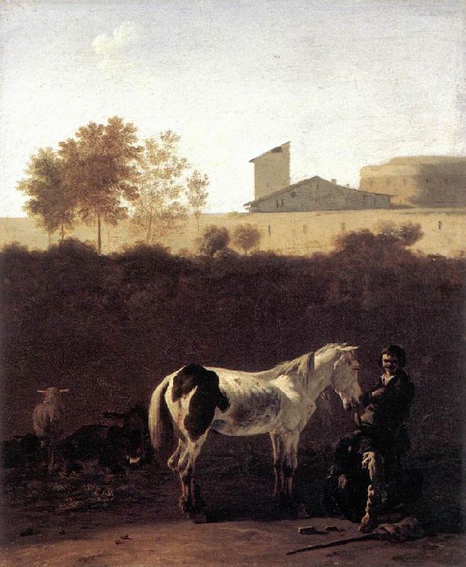 DUJARDIN, Karel Italian Landscape with Herdsman and a Piebald Horse sg